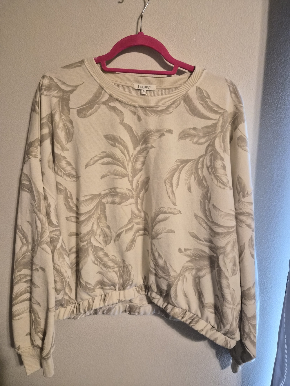 Z Supply Mason Palm Loop Terry Cropped Pullover Sweatshirt Bone Beige XL NWT
